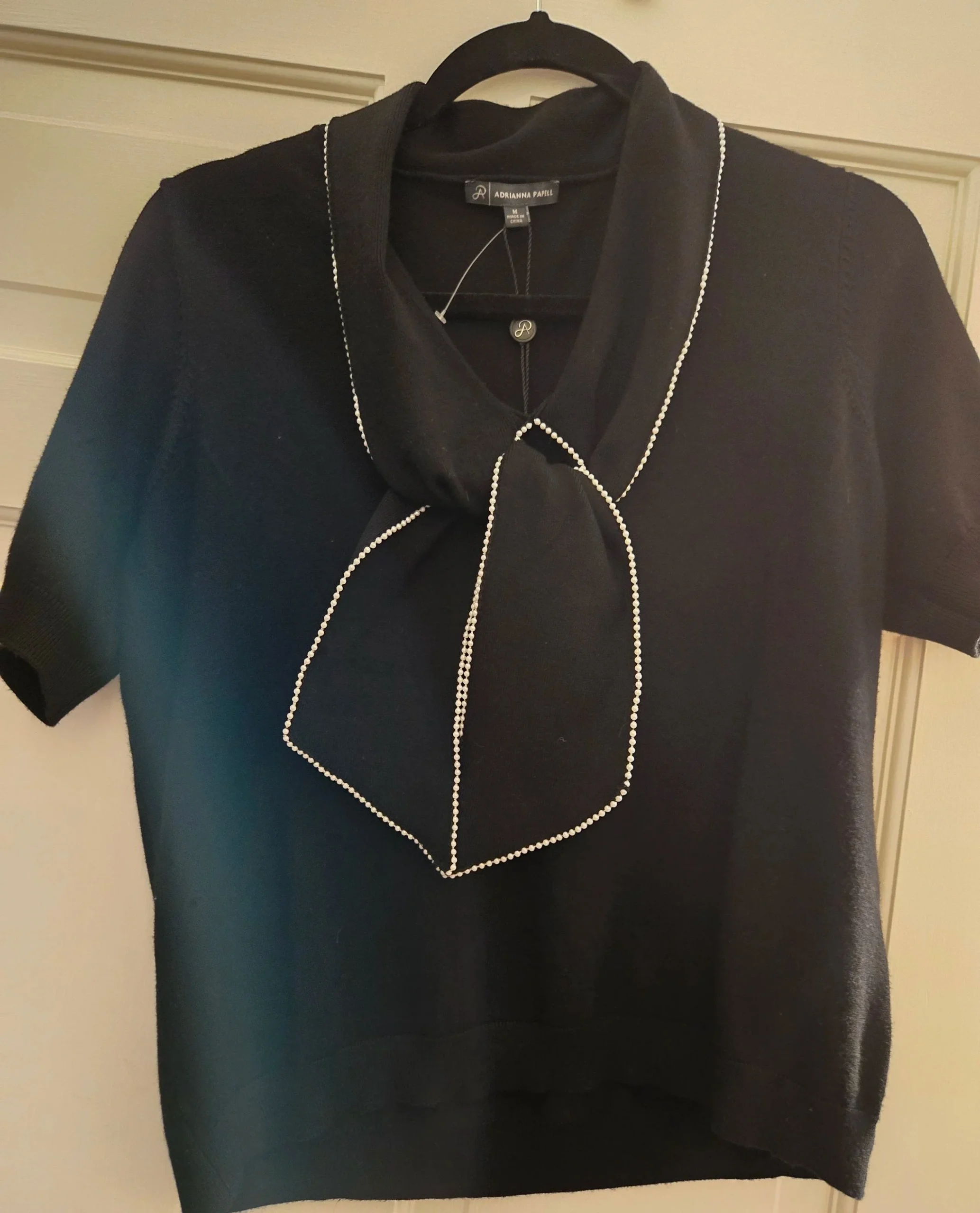 ADRIANNA PAPELL RHINESTONE TIE NECK, BLACK, SHORT SLEEVE SWEATER New Size Medium - Image 3