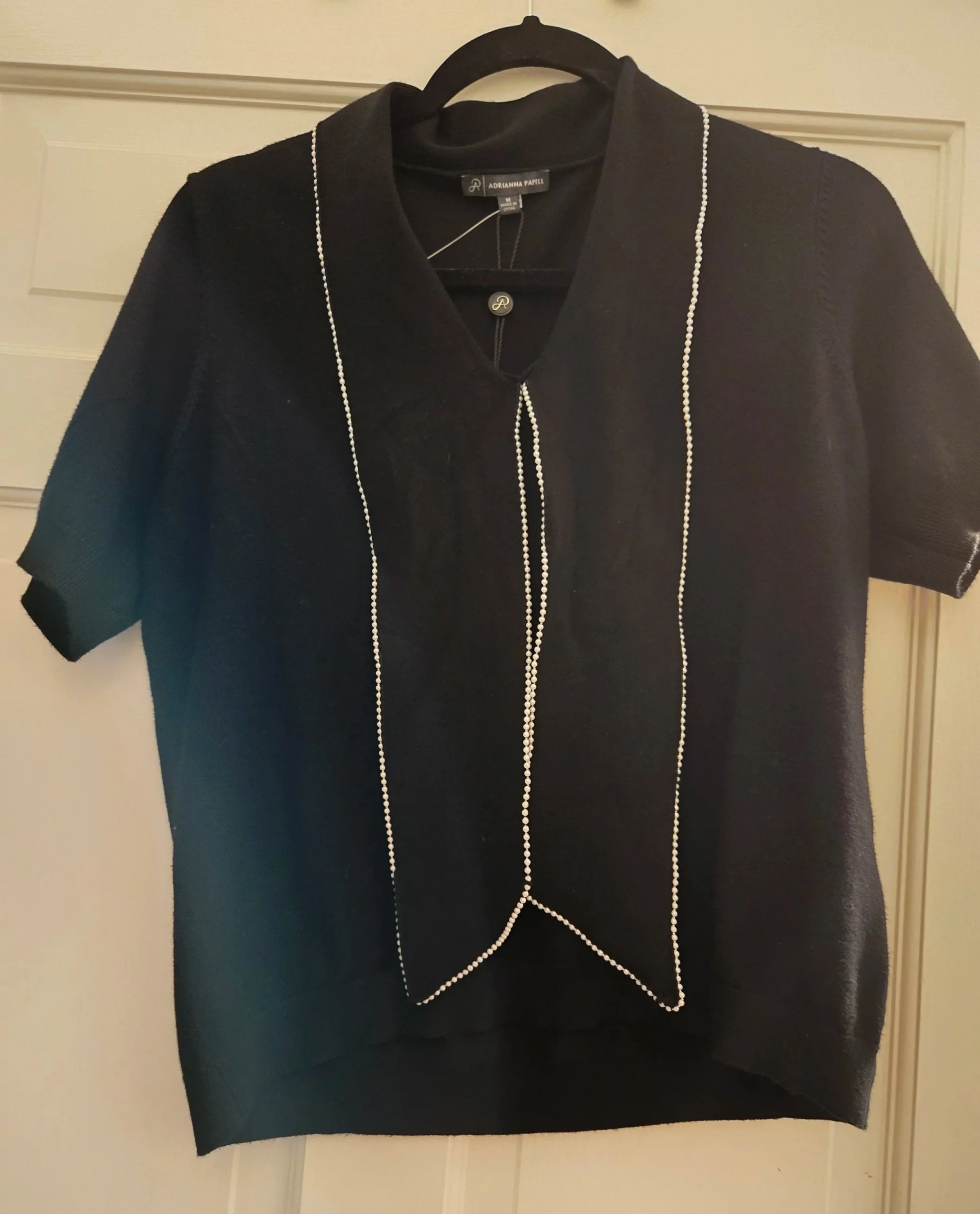 ADRIANNA PAPELL RHINESTONE TIE NECK, BLACK, SHORT SLEEVE SWEATER New Size Medium - Image 2