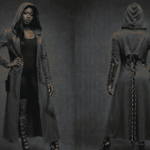 Woman wearing the Maxine Backtrail Braided Sweater, front and back view.