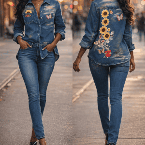 Denim shirt with sunflower embroidery, perfect for casual style.